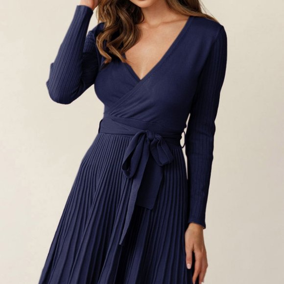 Surplice Neck Tie Waist Pleated Dress - Picture 1 of 8